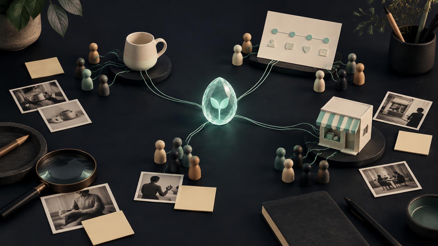 Una idea representada por un cristal con un brote, conectada con un producto físico, un servicio y un negocio, entre personas y pistas de investigación de mercado.